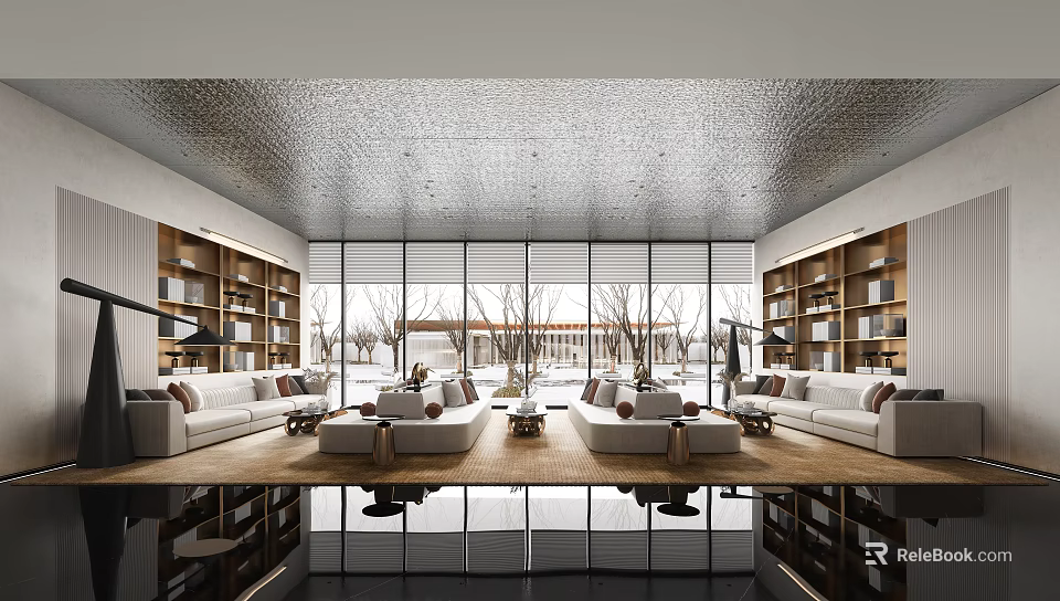 Modern Spacious Lounge Area Interior With Bookshelves Sofas And Large Windows Overlooking Trees 3d model 