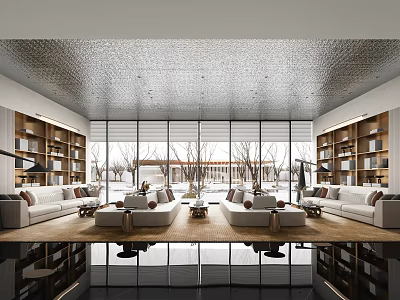 Modern Spacious Lounge Area Interior With Bookshelves Sofas And Large Windows Overlooking Trees 3d model