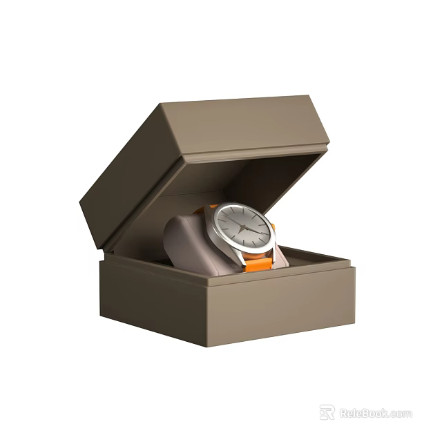 Elegant Watch in Open Brown Box with Silver Dial and Orange Strap 3d model 