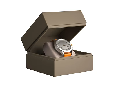 Elegant Watch in Open Brown Box with Silver Dial and Orange Strap 3d model