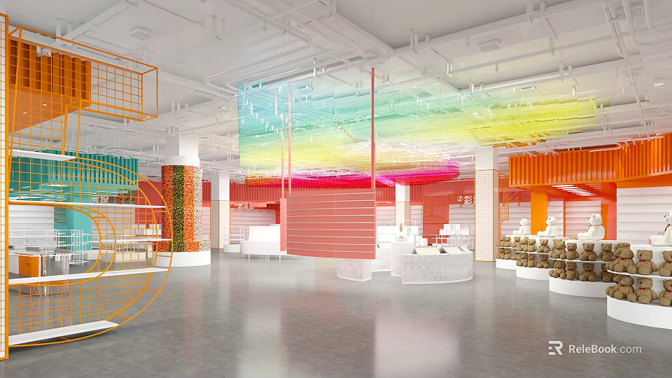 Colorful Modern Specialty Store Open Space With Hanging Transparent Installations Orange Grid And White Platforms 3d model 