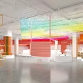 Colorful Modern Specialty Store Open Space With Hanging Transparent Installations Orange Grid And White Platforms