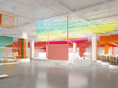 Colorful Modern Specialty Store Open Space With Hanging Transparent Installations Orange Grid And White Platforms 3d model