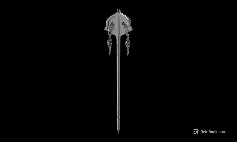 Decorative Metal Weapon With Long Handle Ornamental Top And Hanging Chains 3d model 