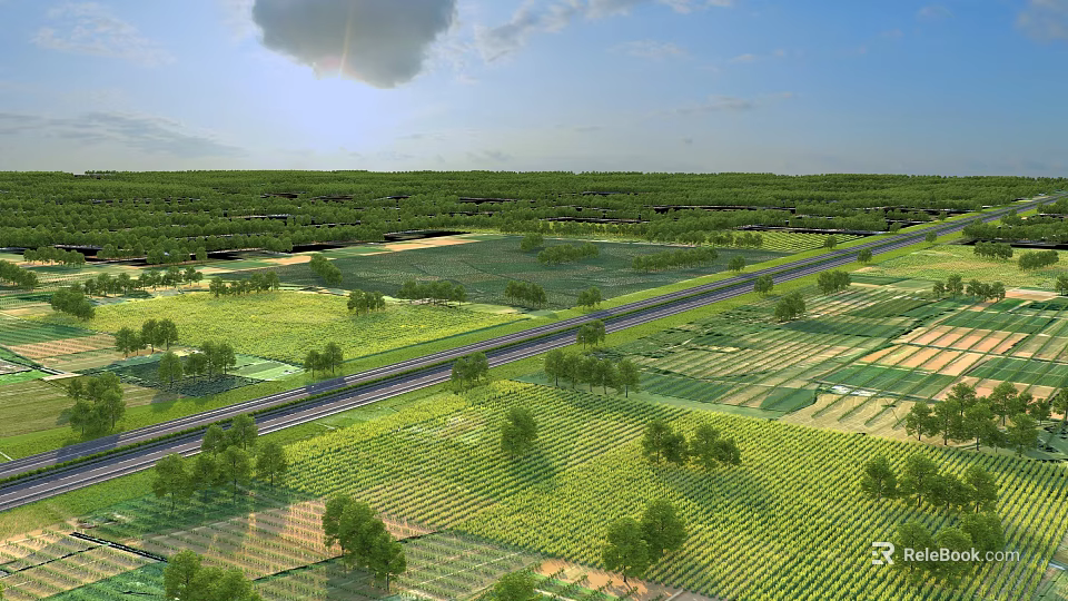 Bright Blue Sky Rural Landscape With Lush Green Farmlands Scattered Trees And Long Paved Road 3d model 