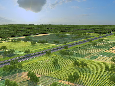 Bright Blue Sky Rural Landscape With Lush Green Farmlands Scattered Trees And Long Paved Road 3d model