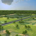 Bright Blue Sky Rural Landscape With Lush Green Farmlands Scattered Trees And Long Paved Road