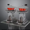 Industrial Style Silver Towers With Red Lights And Decorative Doors On Square Base