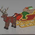 Decorated Brown Reindeer Pulling Red Sleigh With Stacked Green Gifts And Gold Trim