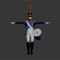 Military Drummer Character in Blue Coat White Pants Red Feathered Hat with Drum Arms Outstretched