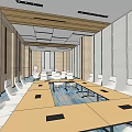 Large Modern Conference Room With Rounded Tables Chairs Large Screens Red Ceiling Decor And Windows