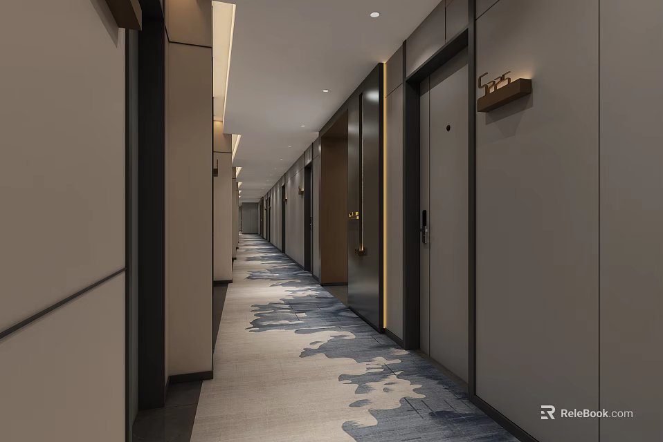 Hotel Corridor With Blue White Patterned Carpet Neutral Walls Wooden Doors And Recessed Lighting 3d model 