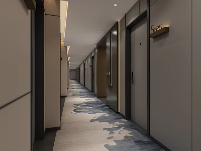 Hotel Corridor With Blue White Patterned Carpet Neutral Walls Wooden Doors And Recessed Lighting 3d model