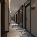 Hotel Corridor With Blue White Patterned Carpet Neutral Walls Wooden Doors And Recessed Lighting