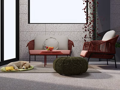 Modern Woven Rattan Double Seater Sofa With Soft Cushions For Cozy Outdoor Balcony Space 3d model