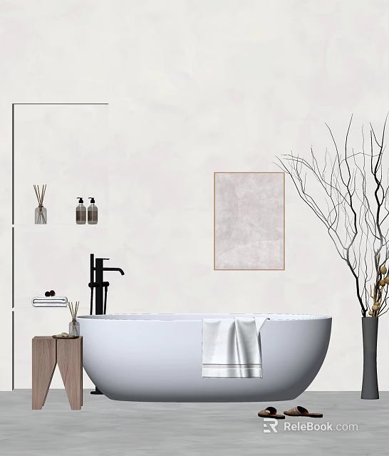 White Freestanding Bathtub With Black Faucet Towel Toiletry Bottles And Dried Branches In Modern Bathroom 3d model 