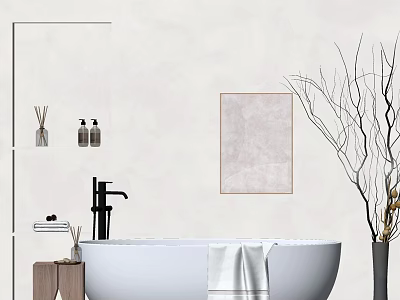 White Freestanding Bathtub With Black Faucet Towel Toiletry Bottles And Dried Branches In Modern Bathroom 3d model
