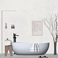 White Freestanding Bathtub With Black Faucet Towel Toiletry Bottles And Dried Branches In Modern Bathroom