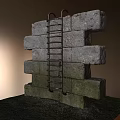 Building Exterior Wall Constructed with Stacked Rough Stone Blocks and Metal Ladder Leaning