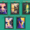 Five Framed Landscape Paintings on Green Wall with Water Reflections Sunset and Nature Scenes