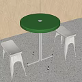 Modern Green Round Table with Metal Frame and Two Metal Stools 3d model