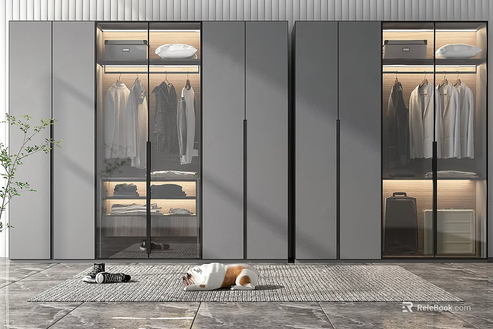 Sleek Modern Wardrobe Design With Glass Doors Hanging Clothes Storage Compartments And LED Lighting 3d model 