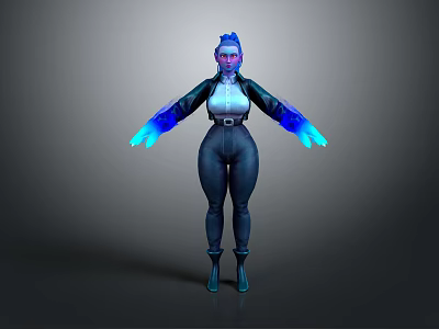 Futuristic Sci Fi Humanoid Creature With Blue Hair Glowing Blue Hands And Tight Dark Outfit 3d model