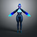 Futuristic Sci Fi Humanoid Creature With Blue Hair Glowing Blue Hands And Tight Dark Outfit