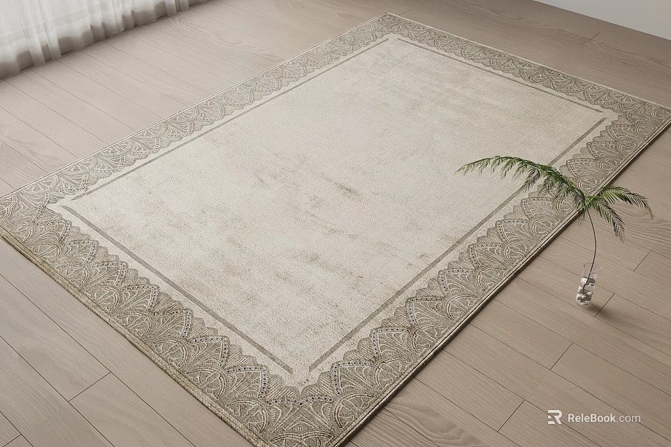 Beige Square Rug With Ornate Border On Wooden Floor And Small Potted Plant 3d model 