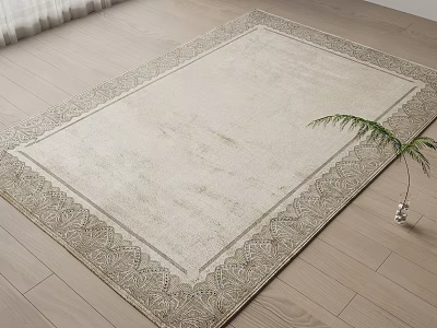 Beige Square Rug With Ornate Border On Wooden Floor And Small Potted Plant 3d model