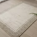 Beige Square Rug With Ornate Border On Wooden Floor And Small Potted Plant
