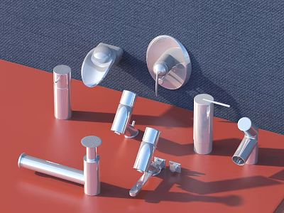 Modern Chrome Faucet Collection With Various Designs On Red Surface And Blue Wall 3d model