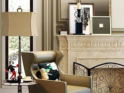 Elegant Single Sofa in Classic Living Room with Ornate Fireplace Table Lamp and Decorative Paintings 3d model