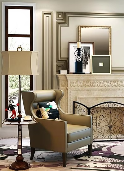 Elegant Single Sofa in Classic Living Room with Ornate Fireplace Table Lamp and Decorative Paintings 3d model