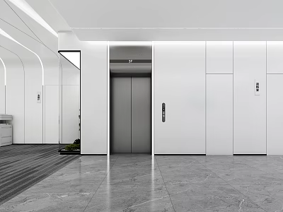 Modern Elevator Hallway Design With White Walls Marble Floor And Recessed Lighting 3d model