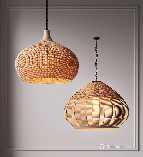 Natural Woven Round Pendant Lights In Modern Interior With Gray Wall 3d model 
