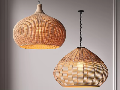 Natural Woven Round Pendant Lights In Modern Interior With Gray Wall 3d model