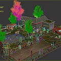 Cartoon Scene With Small Rustic House Green Trees Red Truck Brown Boxes And Wooden Platform