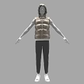 Hooded Mannequin Wearing Brown Puffer Vest Black Pants And White Shoes With Arms Outstretched