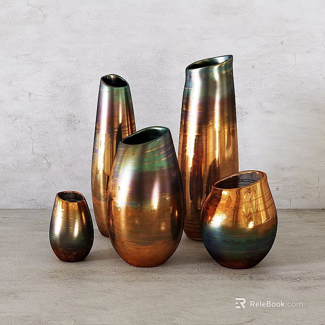 Metallic Decorative Vases With Copper Green Hues In Various Shapes On Table 3d model 