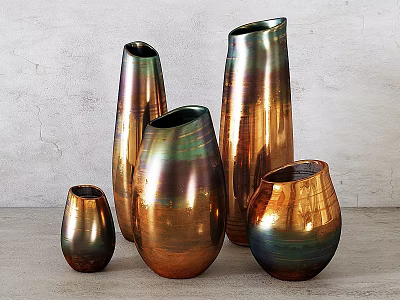 Metallic Decorative Vases With Copper Green Hues In Various Shapes On Table 3d model