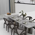 Elegant Marble Top Dining Table Set With Dark Chairs Tableware And Vase 3d model