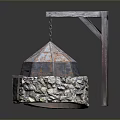 Traditional Outdoor Stone Built Stove With Rustic Metal Dome And Wooden Frame Chain