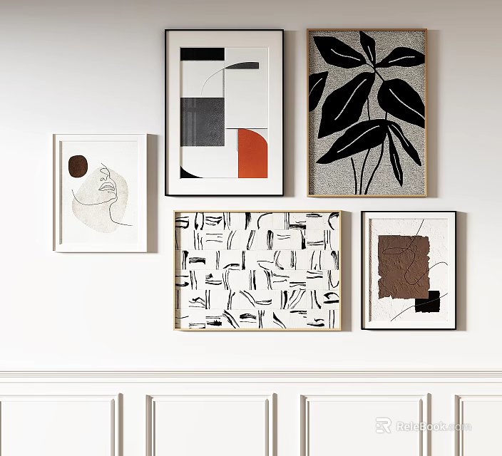 Modern Abstract Wall Art With Geometric Leaf Line Prints And Framed Decor 3d model