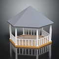 Hexagonal Gazebo Structure With Grey Roof White Columns And Wooden Platform