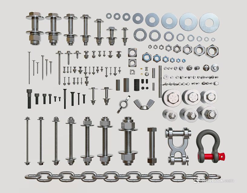 Essential Hardware Tools Collection With Bolts Nuts Washers Chains And Hooks 3d model