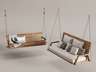 Elegant Wooden Hanging Chairs With Bench And Sofa Styles White Blanket Striped Pillows 3d model