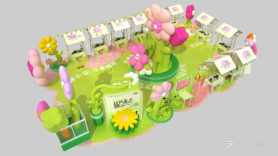 Inflatable Flower Shaped Models in Green Pink Exhibition Area with Booth Displays 3d model 