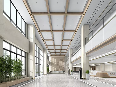 Bright Spacious Modern Hospital Outpatient Clinic Lobby With Large Windows Green Plants And Reception Desk 3d model