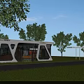 Modern Service Station With Sleek White Exterior Glass Doors Windows And Green Trees Nearby